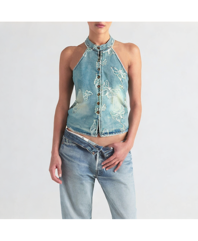Butterfly Jacquard Halter Neck Denim Vest