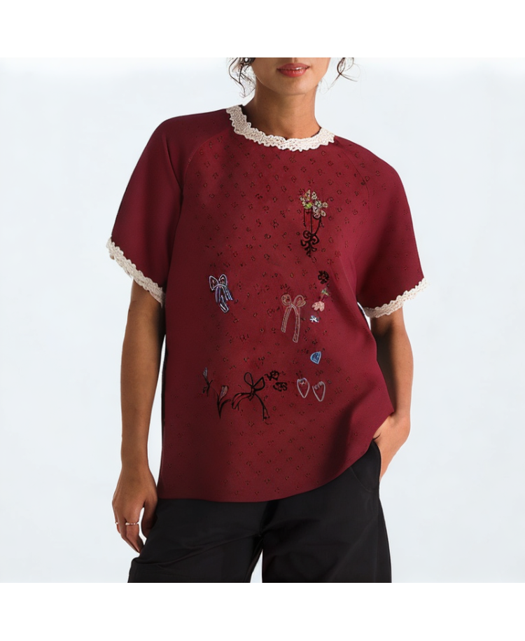 Summer Short Sleeves With Ruffled Lace Stitching