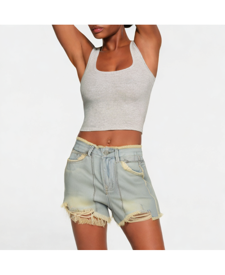 Retro Ripped Raw-Edge Denim Shorts