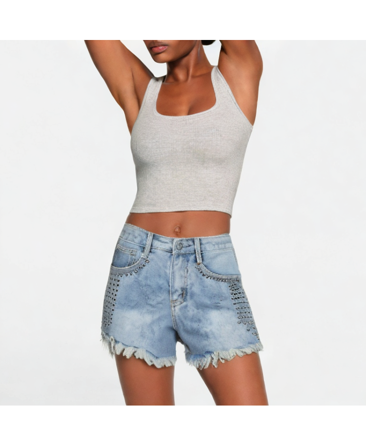 Retro High Waist Rivet Raw Edge Denim Shorts