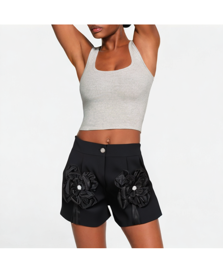 Straight-Tube Black Tulle Flower Shorts