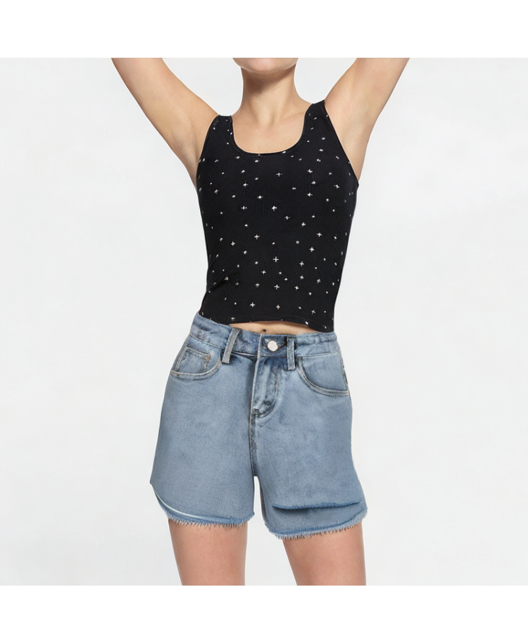 Contrasting Color Ripped Denim Shorts