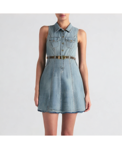 Sleeveless Lapel Raw Edge Denim Dress